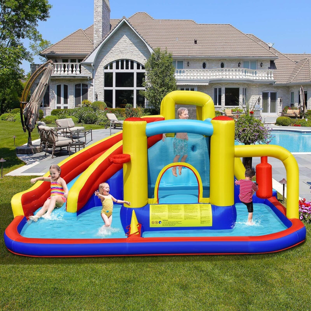 Tobogán acuático inflable 7 en 1 con soplador de aire de 735 W y piscina de salpicaduras