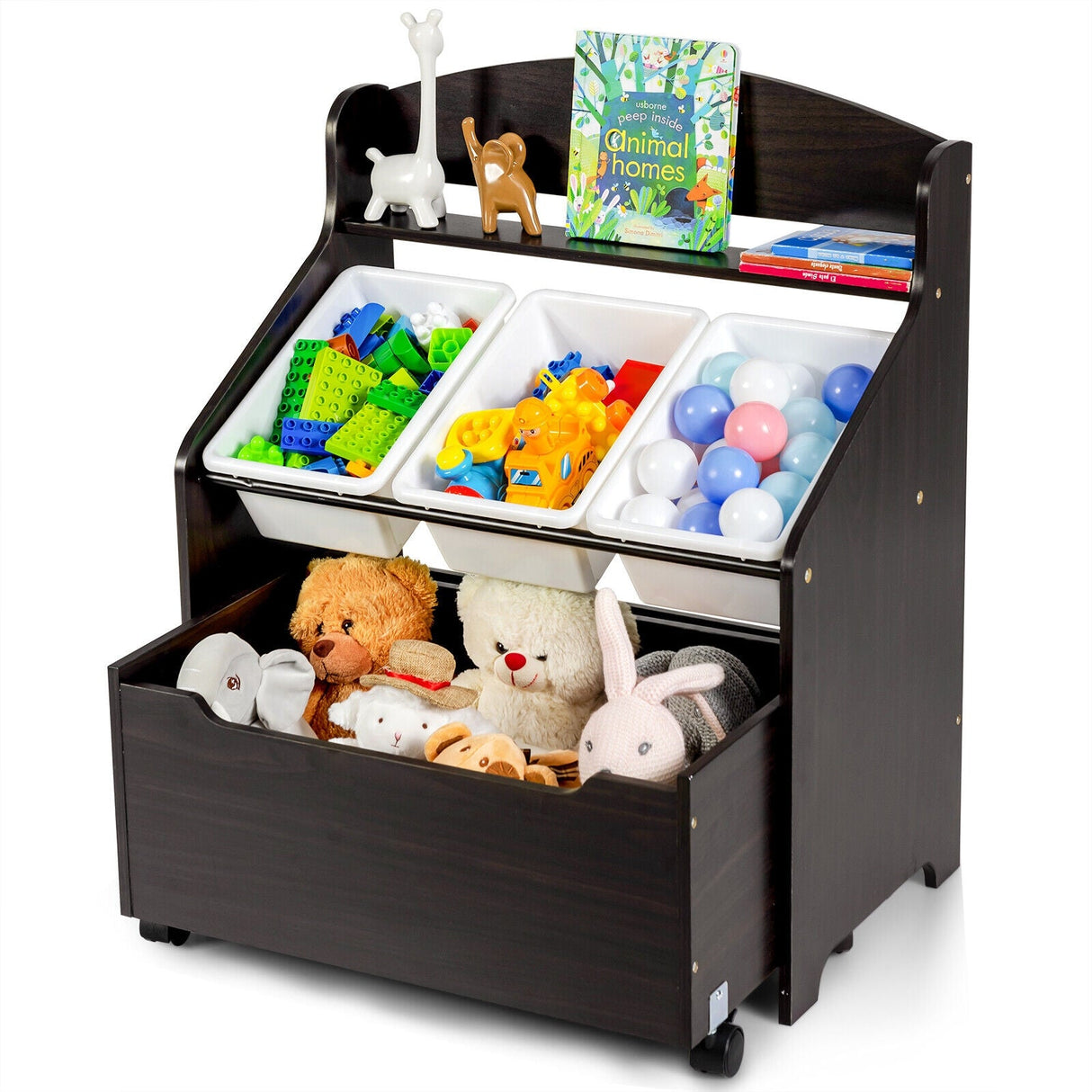 Organizador de almacenamiento de juguetes de madera para niños con caja de juguetes con ruedas y contenedores de plástico