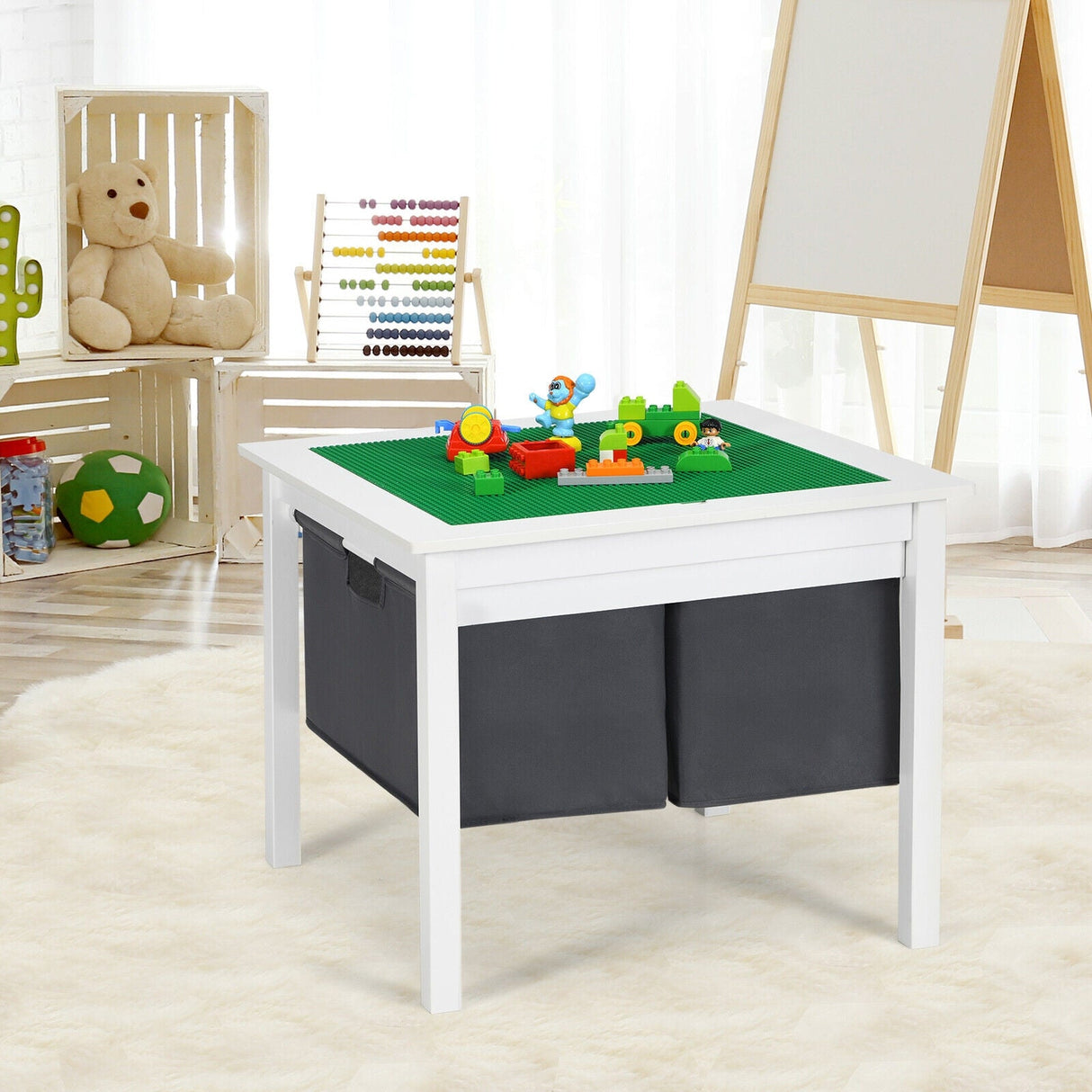 Mesa de construcción de bloques de doble cara 2 en 1 con cajones para niños - Blanca