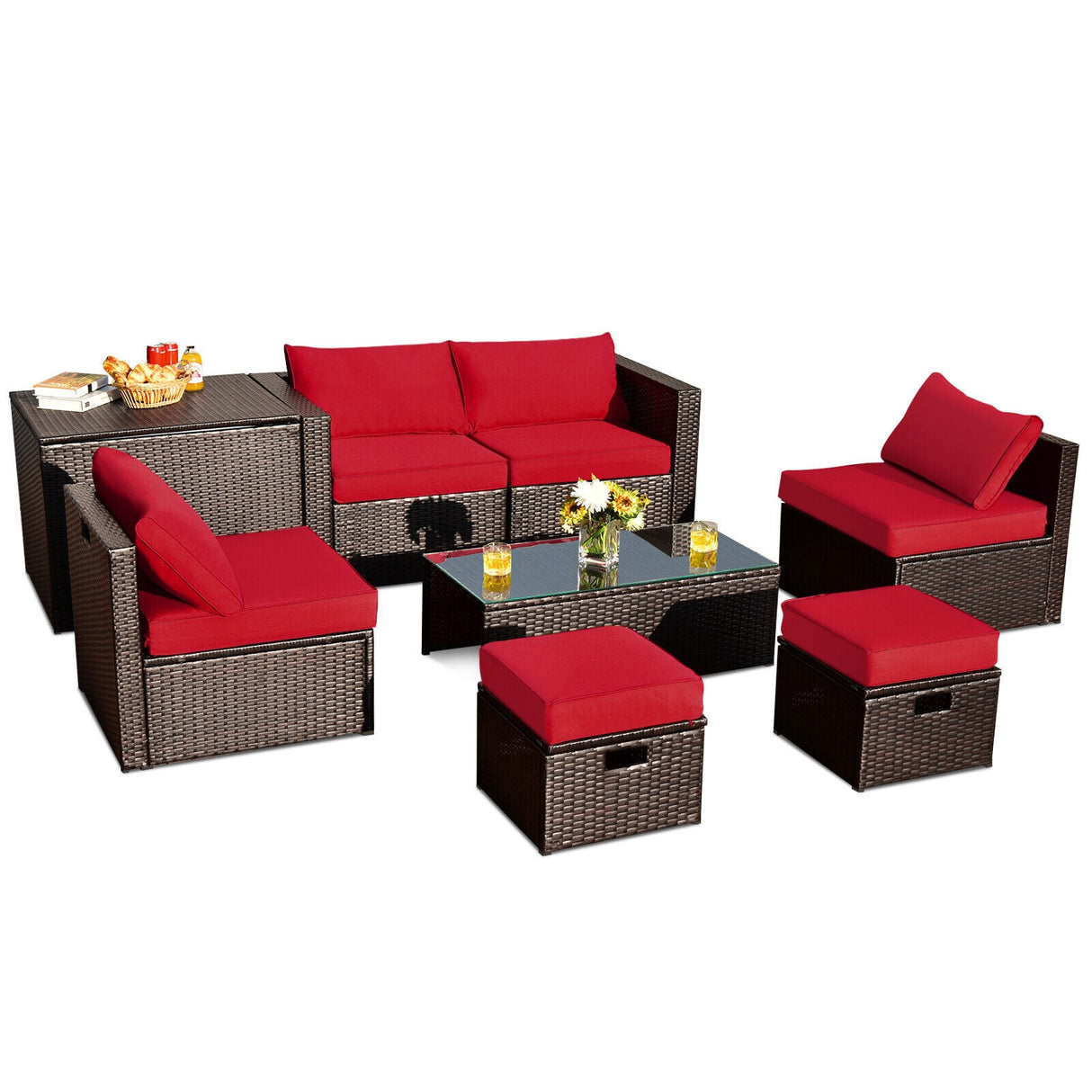 Juego de muebles de ratán de 8 piezas que ahorra espacio para patio con caja de almacenamiento y cubierta impermeable - Gris