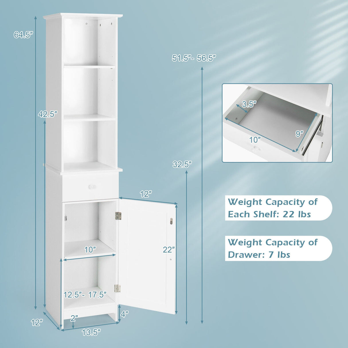Mueble de Almacenamiento Alto de Baño Independiente con Estantes Abiertos y Cajón - Blanco
