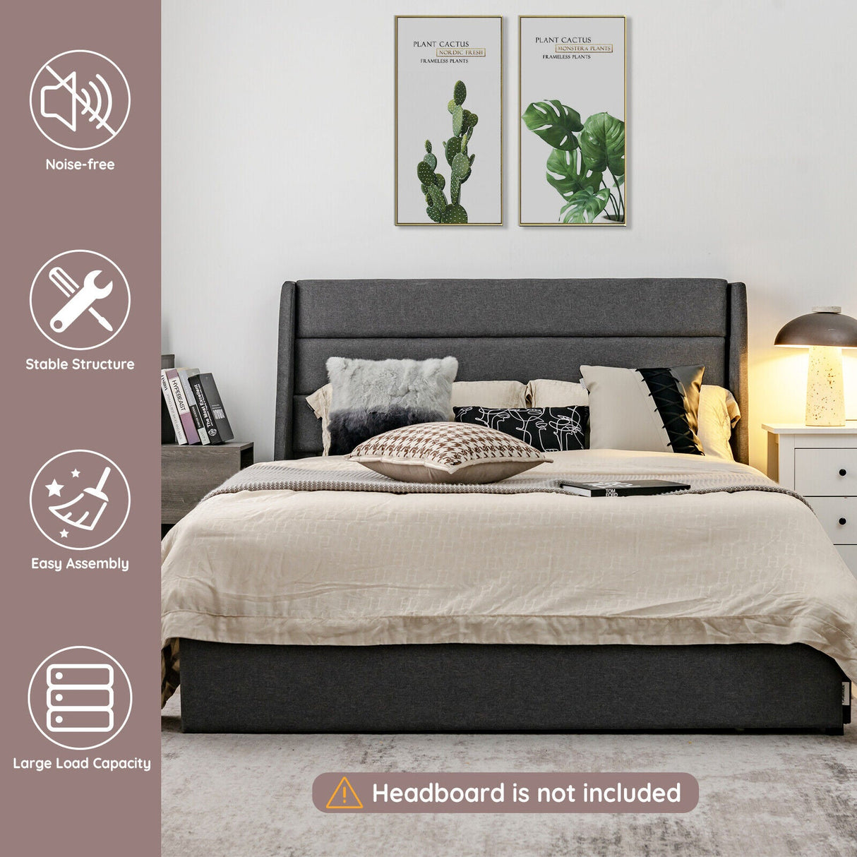 Base de cama tapizada con plataforma y 3 cajones de almacenamiento