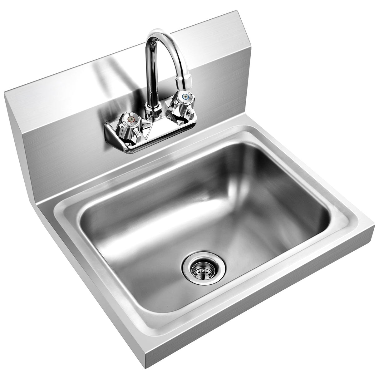 Fregadero de acero inoxidable de montaje en pared para lavarse las manos con grifo y salpicadero trasero