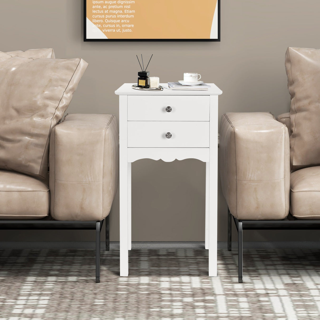 Mesa auxiliar/lateral decorativa con 2 cajones - Blanca