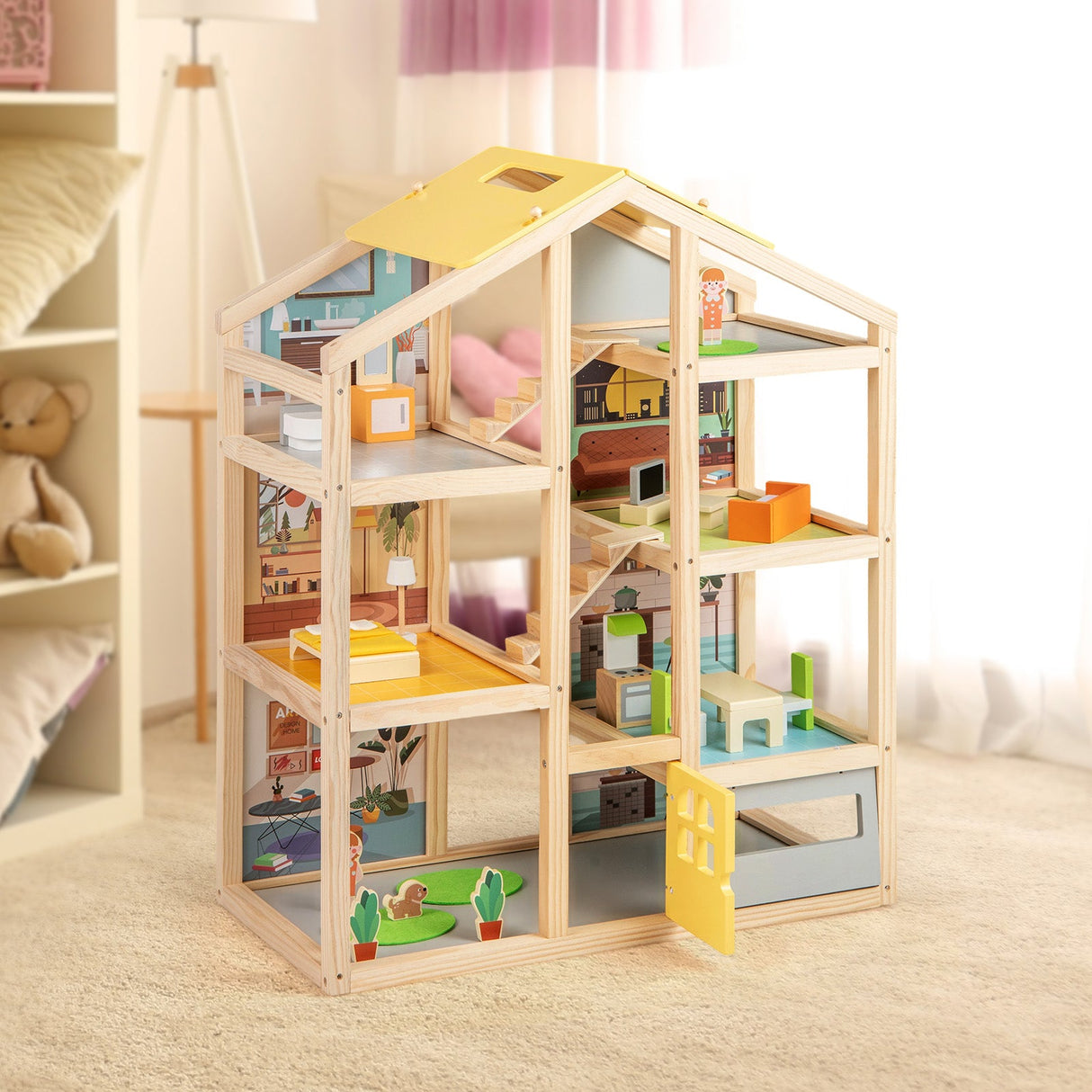 Casa de Muñecas de Madera para Niños, Casa de Juegos Moderna para Familias con Muebles y Figuras - Natural