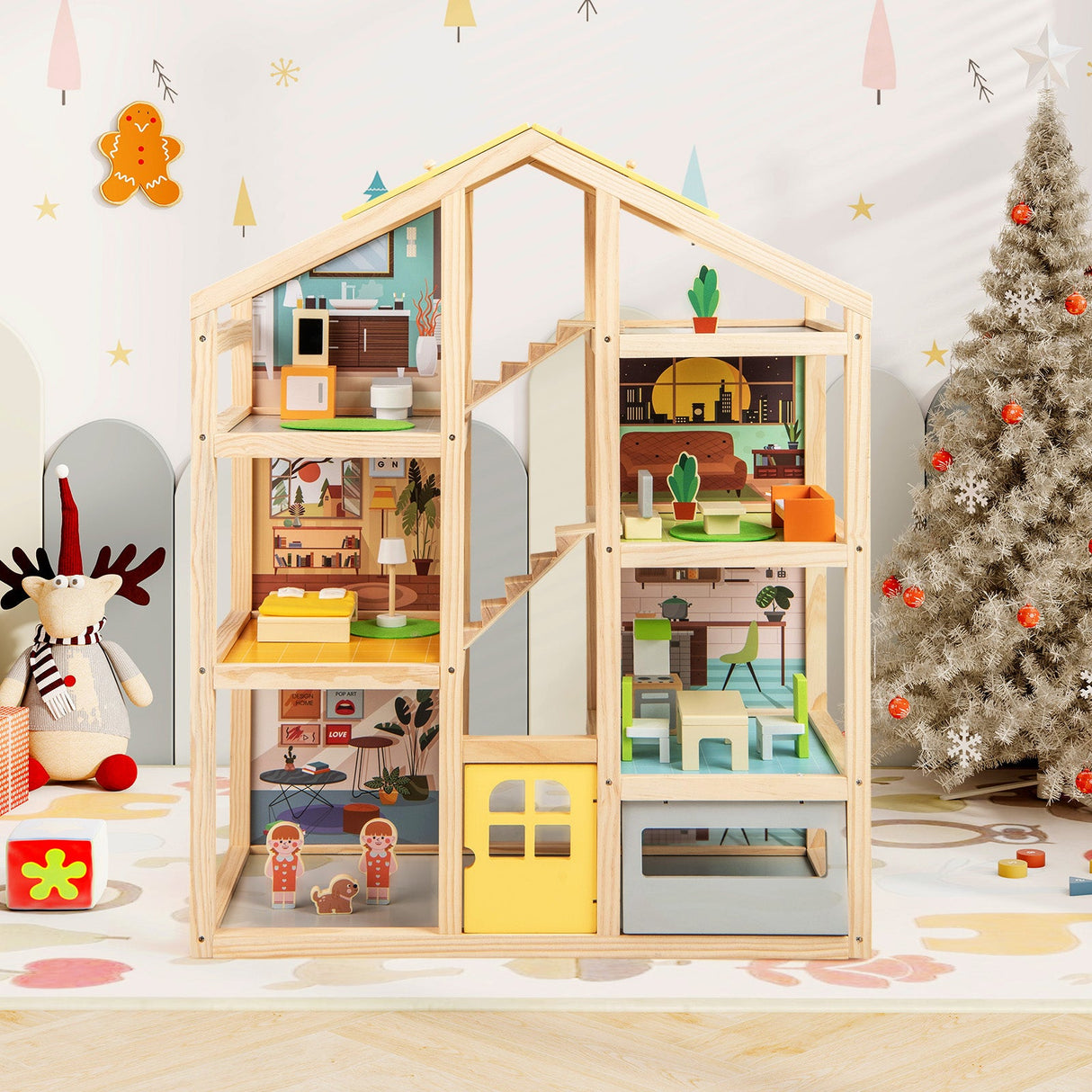 Casa de Muñecas de Madera para Niños, Casa de Juegos Moderna para Familias con Muebles y Figuras - Natural
