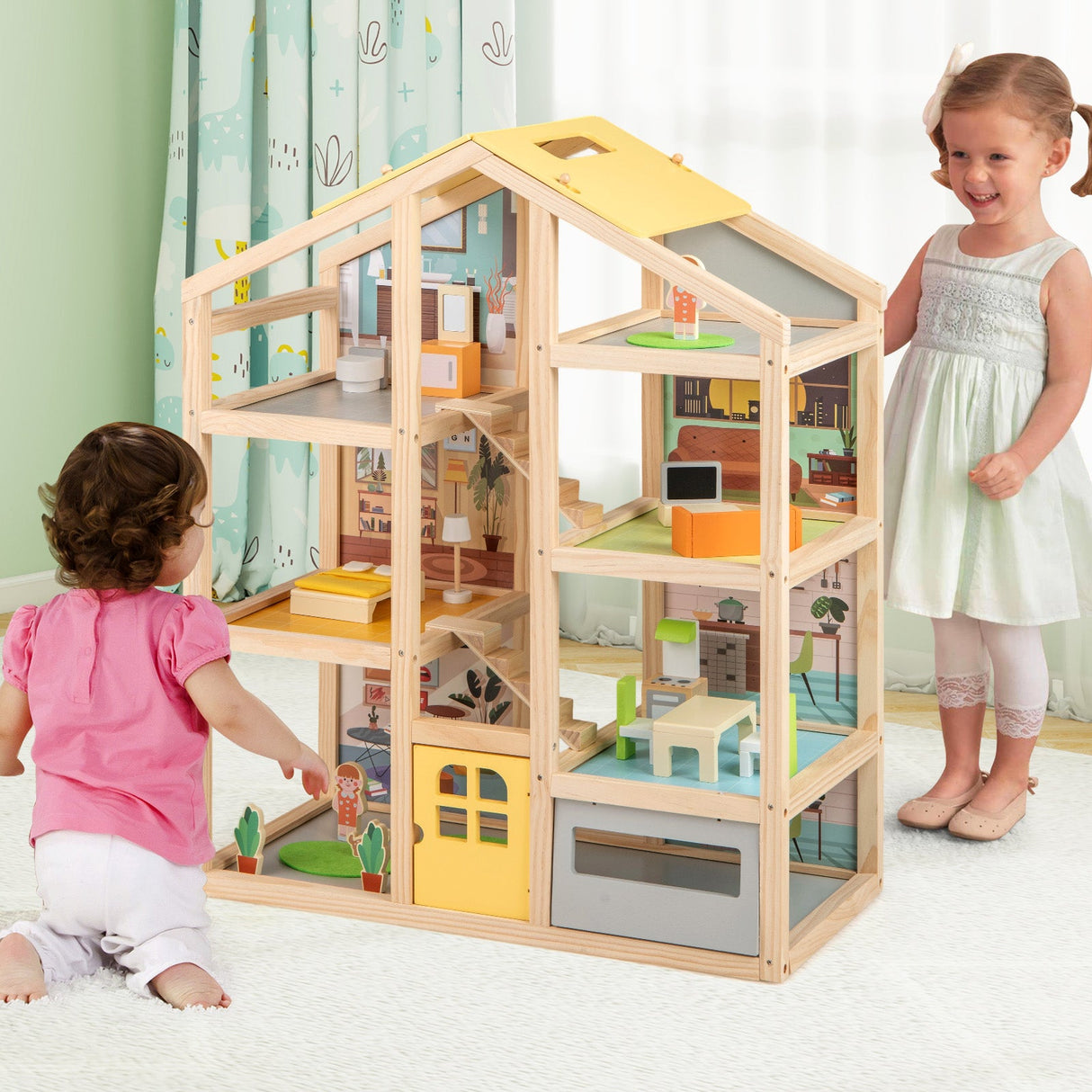 Casa de Muñecas de Madera para Niños, Casa de Juegos Moderna para Familias con Muebles y Figuras - Natural