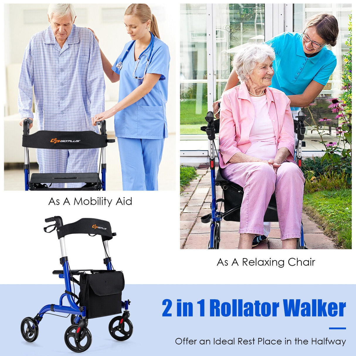 Andador Plegable de Aluminio con Ruedas de 8 Pulgadas y Asiento