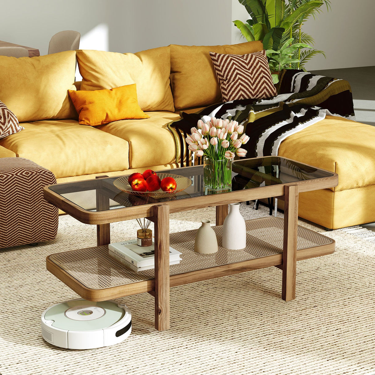 Mesa de centro de 2 niveles con almacenamiento y tablero de cristal templado