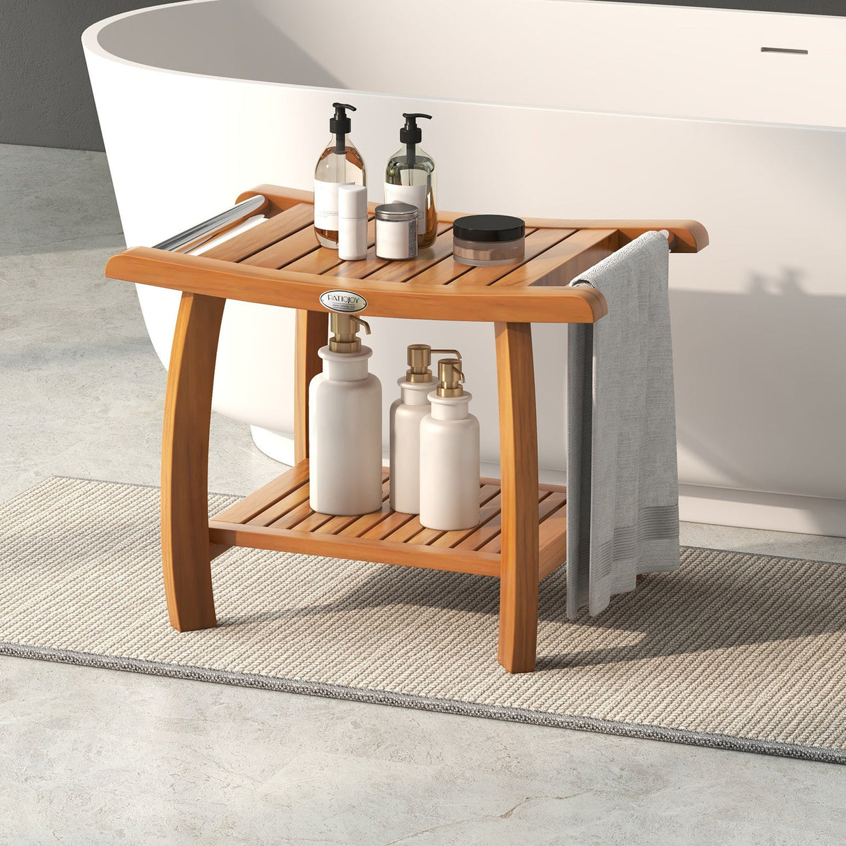 Taburete de ducha de madera de teca de 2 niveles con asiento curvo y asas