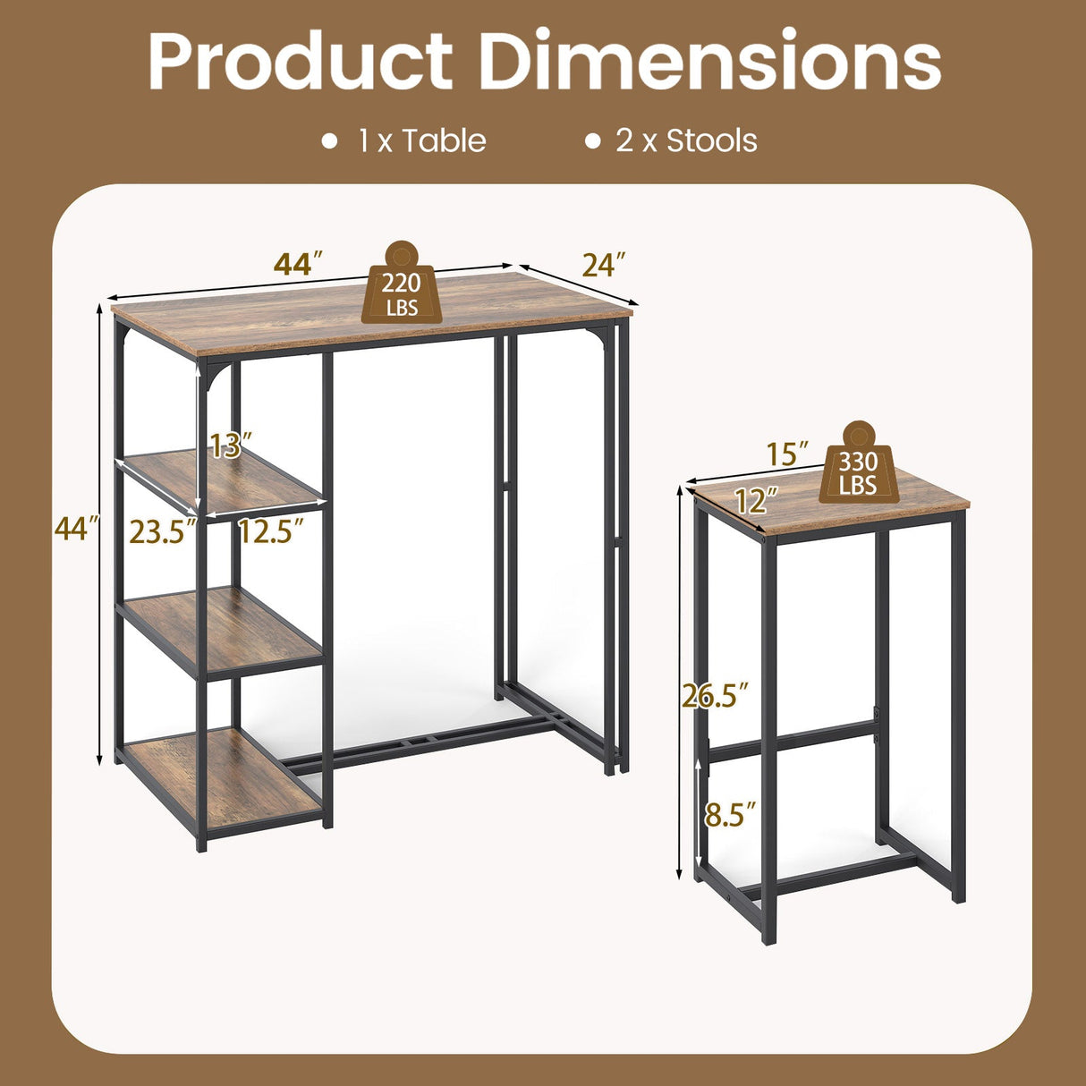 3-Piece Bar Table Set for 2 Bar-Height Dining Table with 2 Stools-Rustic Brown