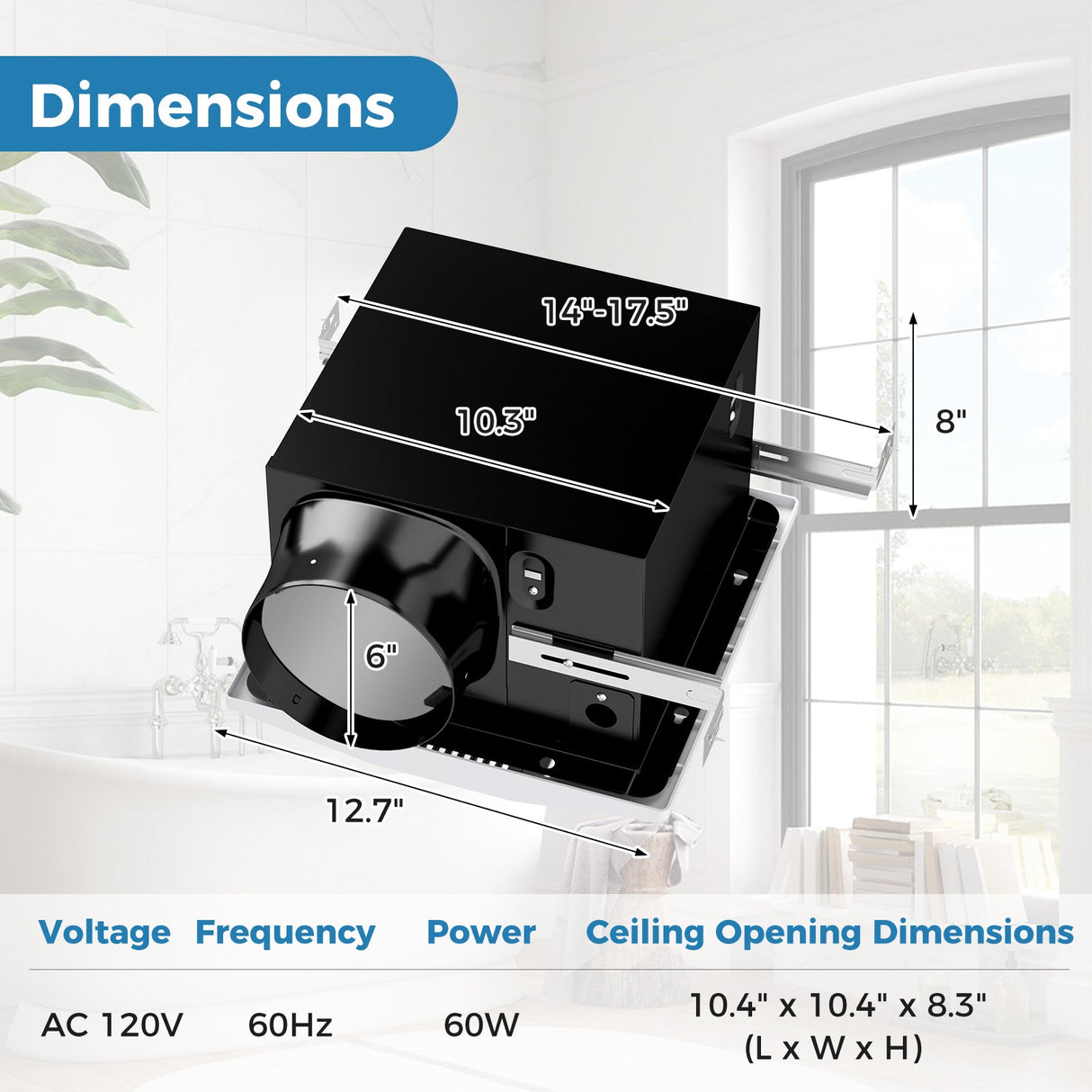 Extractor de aire para baño de 200 CFM con carcasa metálica y conducto de 6 pulgadas para 18.5 m²