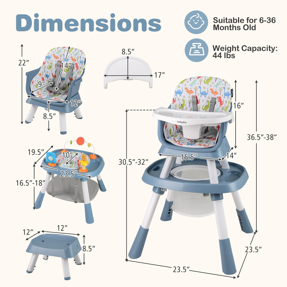 Trona evolutiva 16 en 1 con centro de actividades y elevador para bebés y niños pequeños