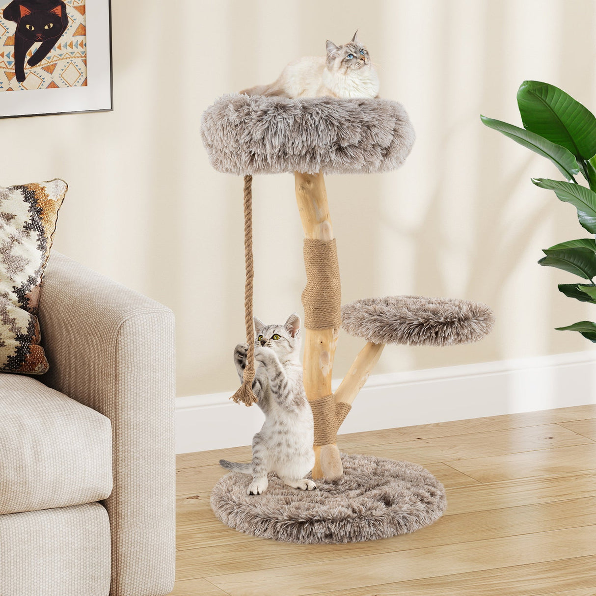 Árbol rascador moderno para gatos de madera con percha y postes rascadores de yute natural - Marrón