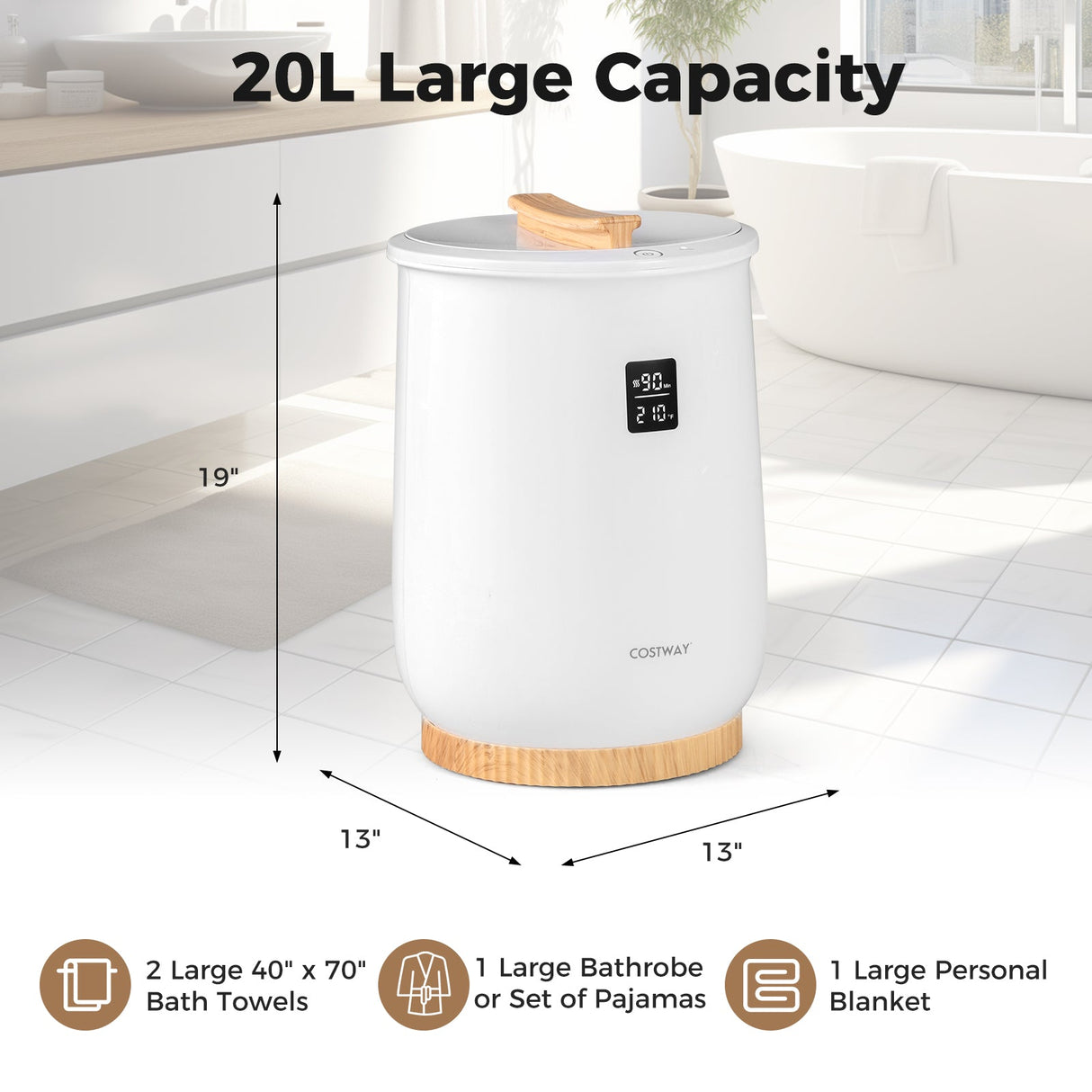 Calentador de toallas grande de 20 litros con pantalla LED y control de botones - Blanco