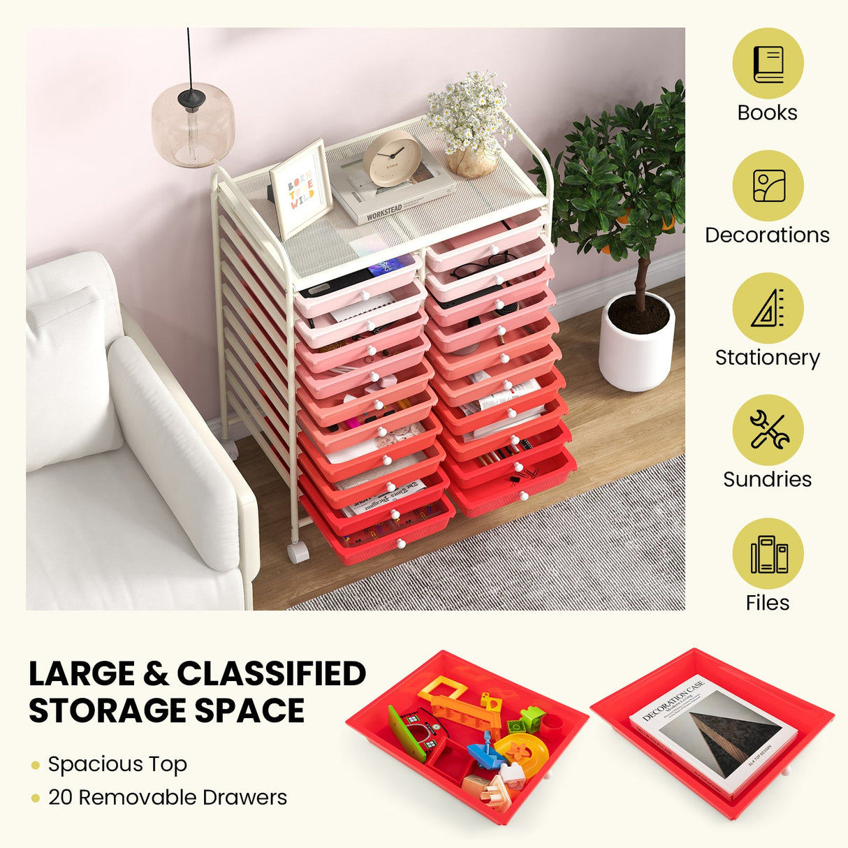 20 Drawers Rolling Storage Cart Studio Organizer-Gradient Pink
