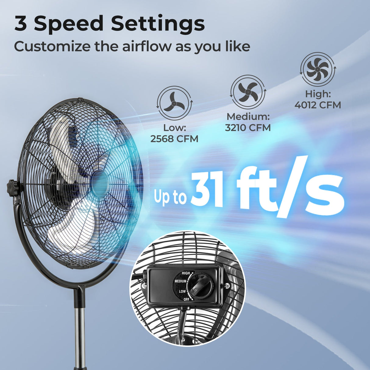 18 Inches High Velocity Pedestal Fan with 3 Speeds and Adjustable Height-Black