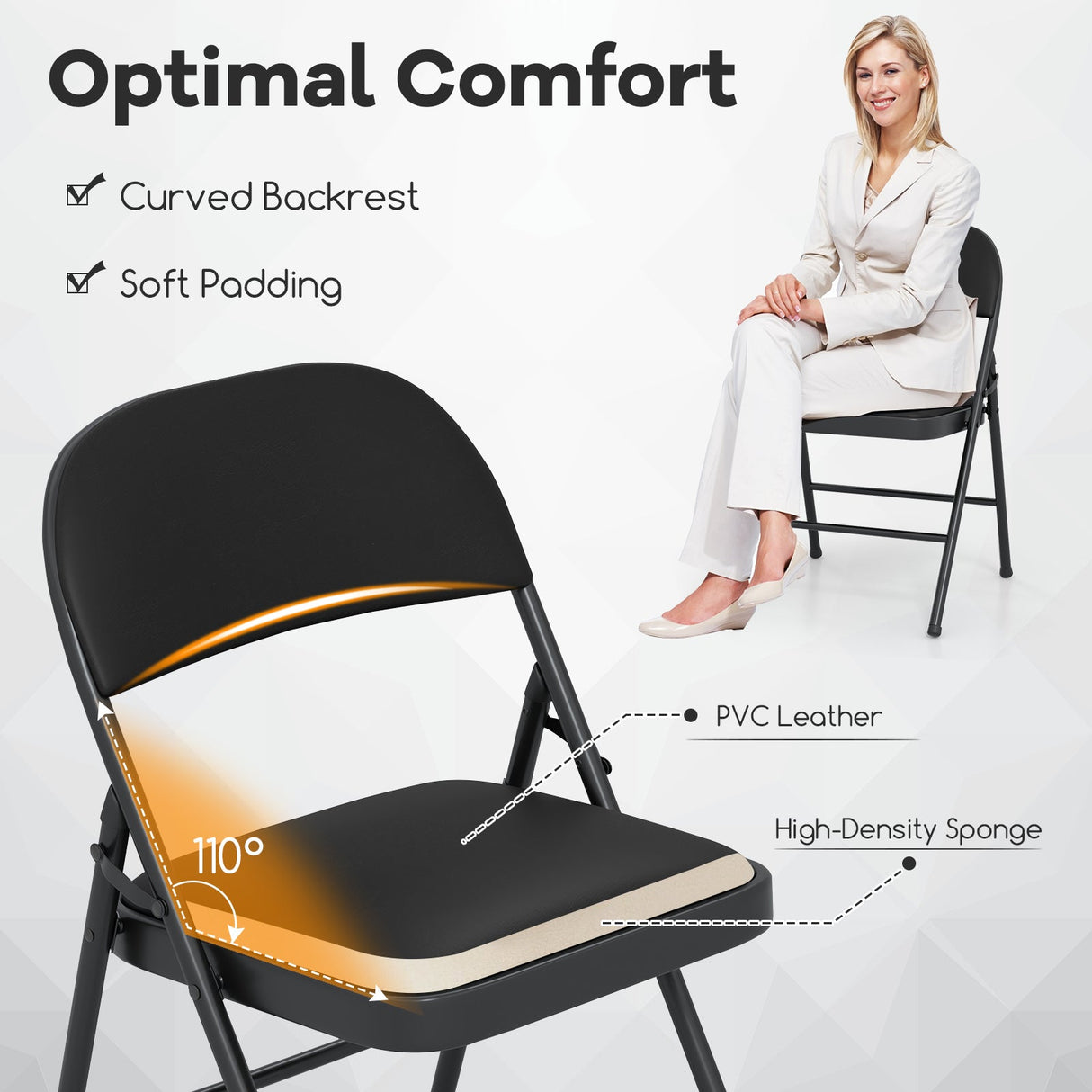 2 Pack Folding Chairs with Metal Frame and PVC Leather for Indoor Outdoor-Black