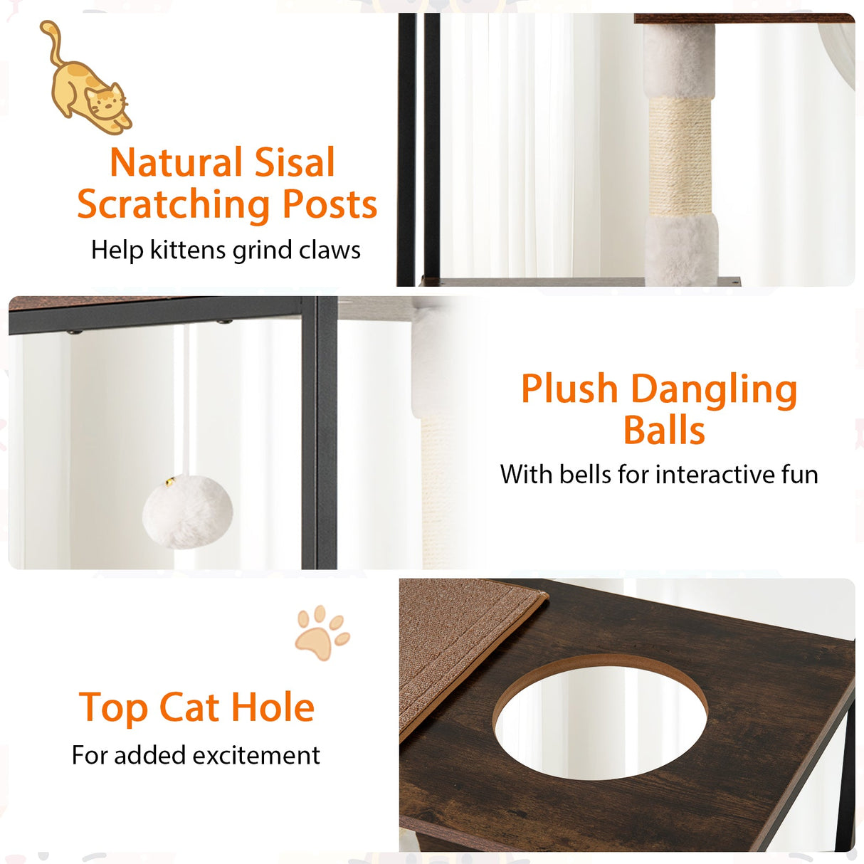 52 Inch Tall Wooden Cat Tree Metal Frame with 2 Condos and Cushions-Coffee