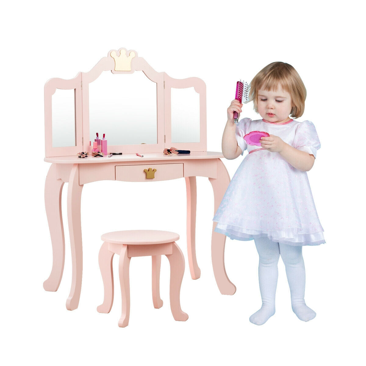 Tocador de Maquillaje para Niñas con Espejo Triple y Taburete