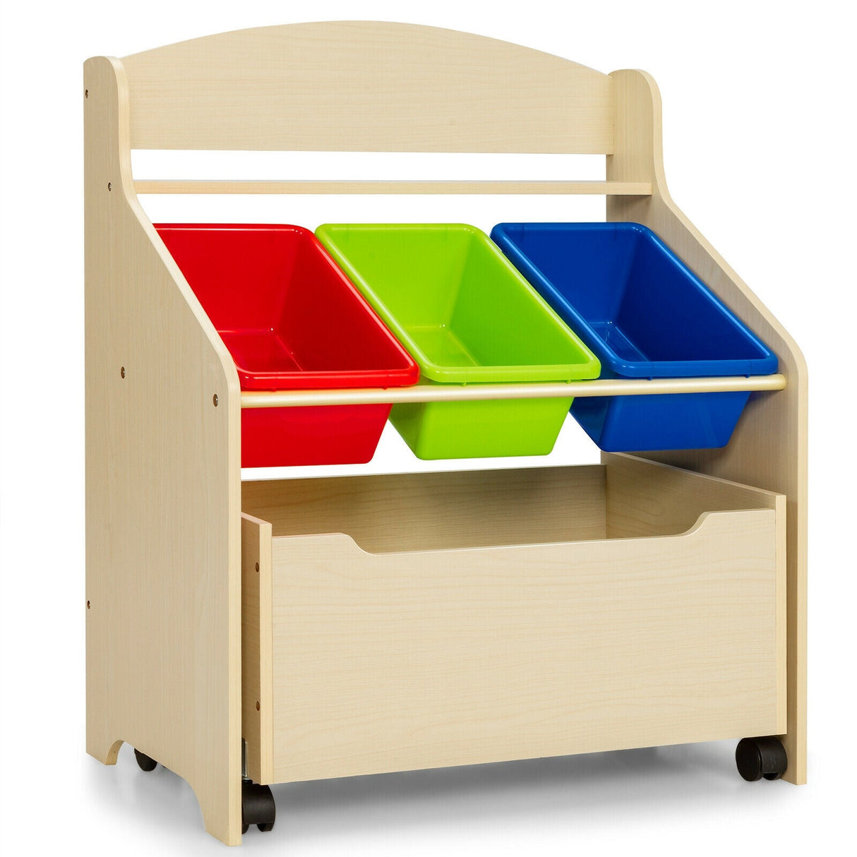 Organizador de almacenamiento de juguetes de madera para niños con caja de juguetes con ruedas y contenedores de plástico