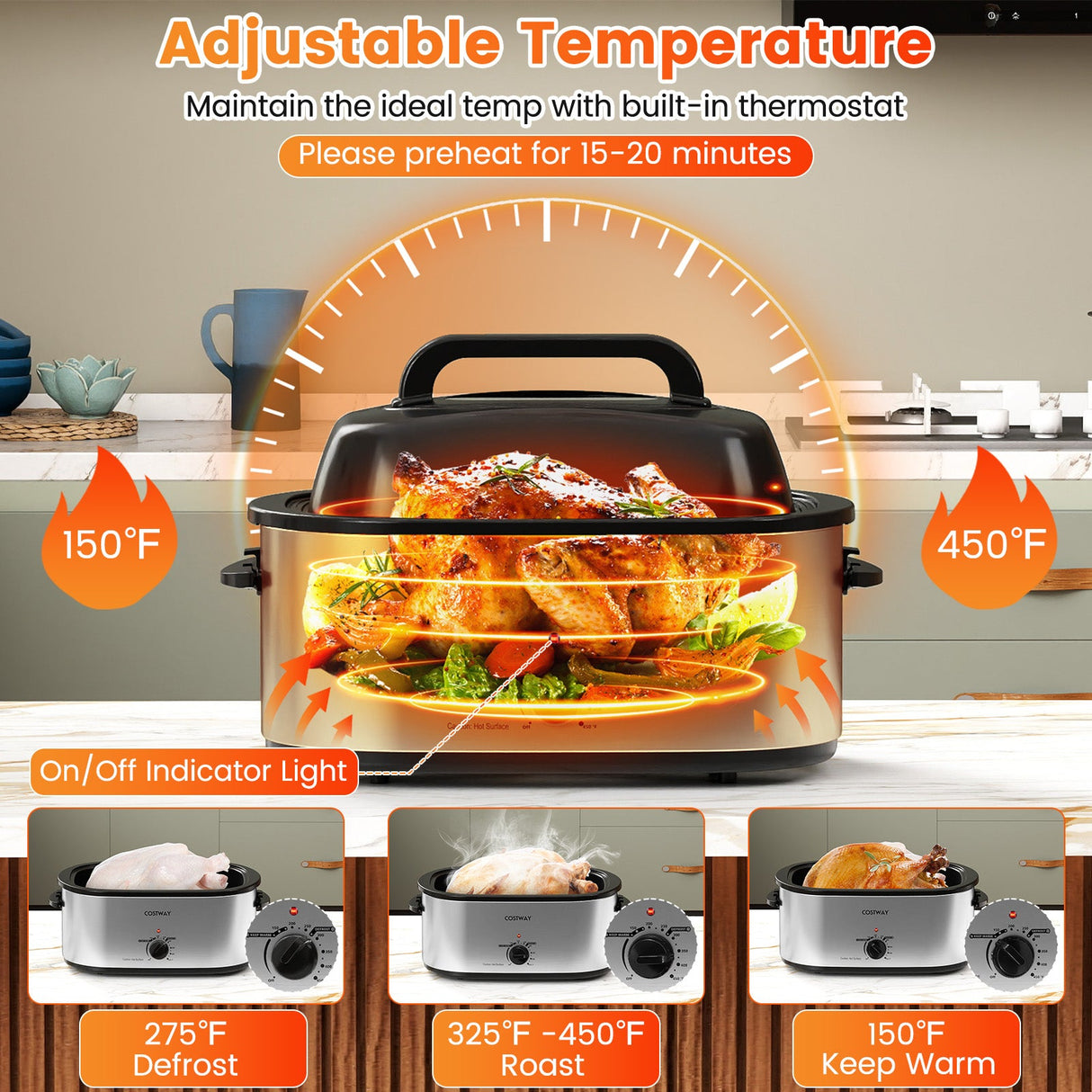 Horno Asador Eléctrico de 22QT con Tapa de Autobasteo y Ventana de Visualización