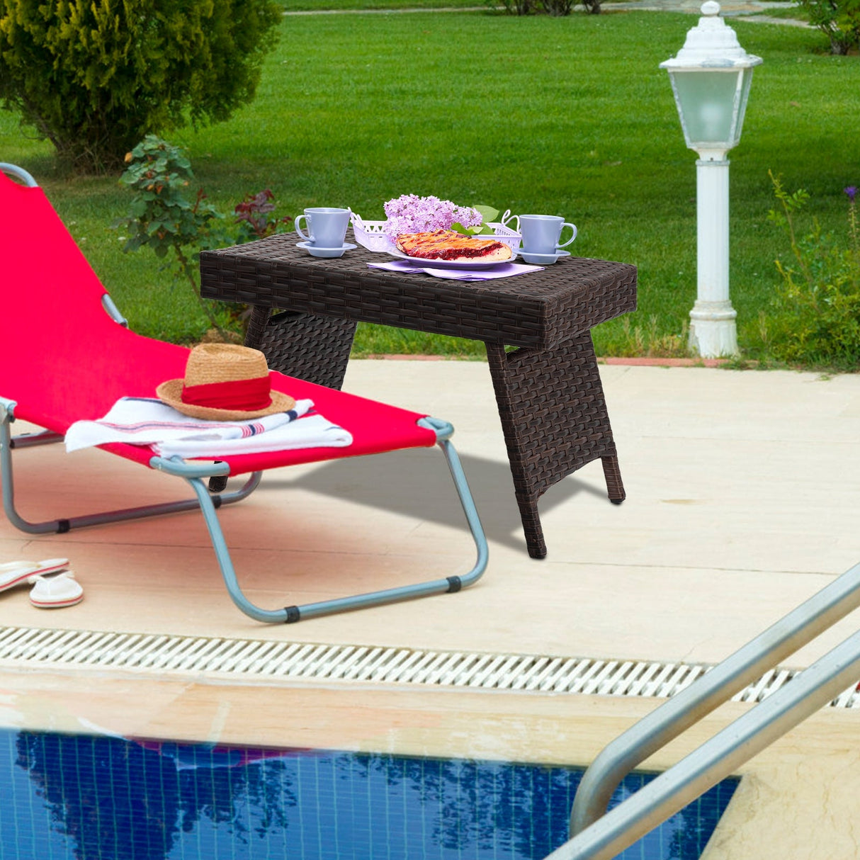 Mesa auxiliar de café plegable de ratán PE Muebles de patio y jardín
