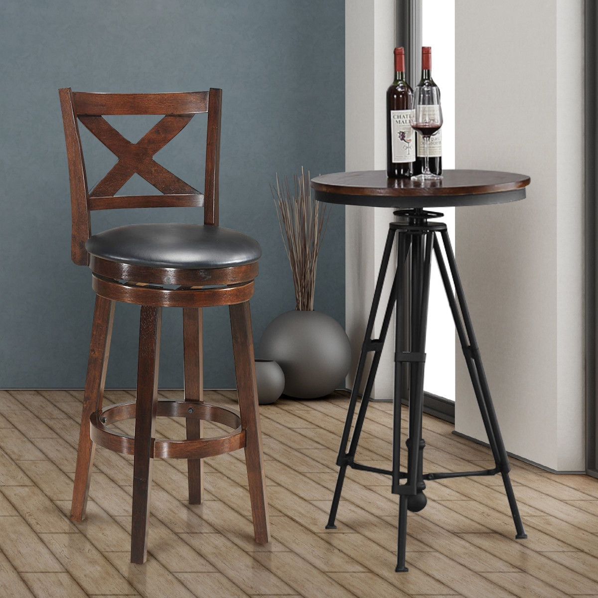 Taburete de bar giratorio con respaldo en X y asiento tapizado en PVC a la altura del mostrador