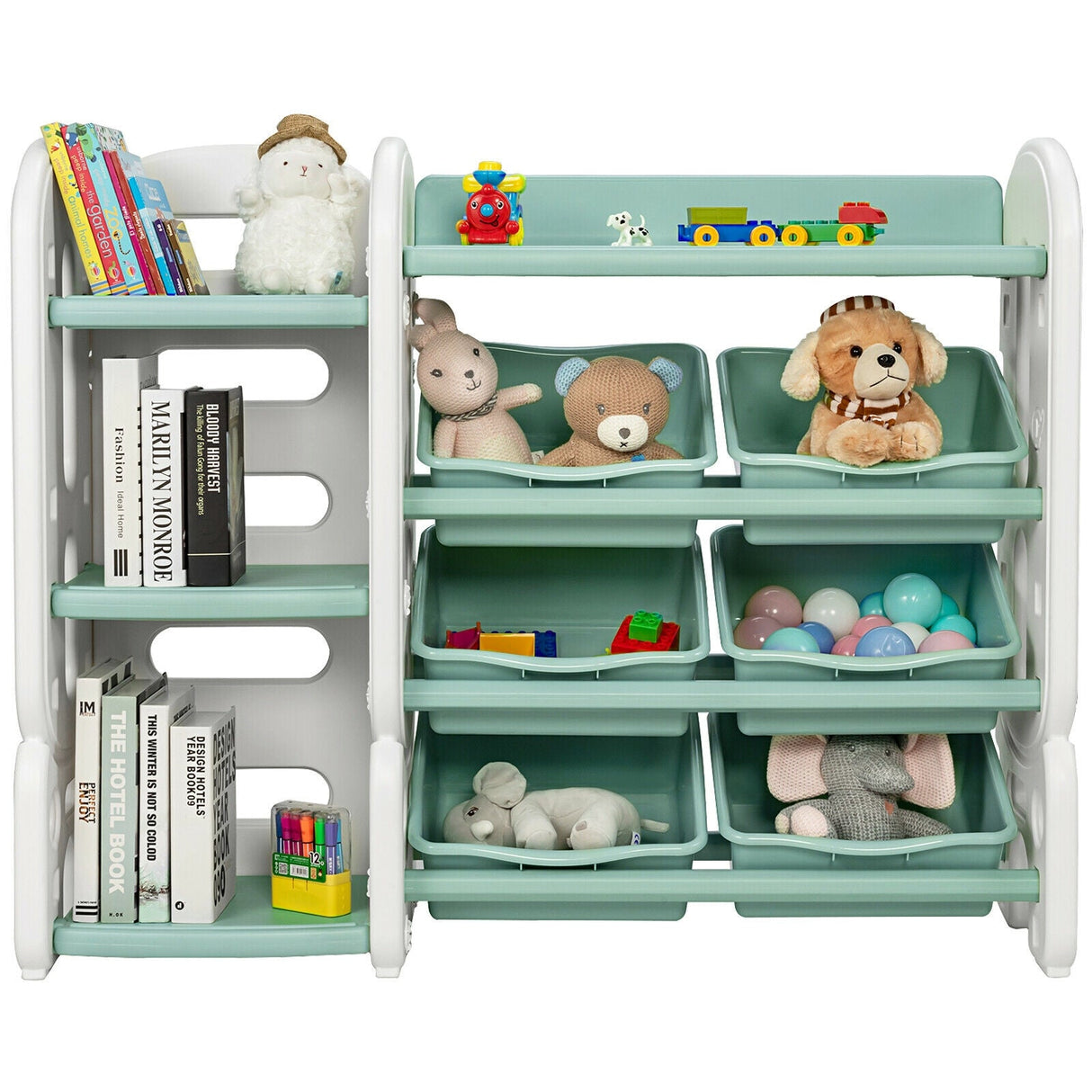 Organizador de almacenamiento de juguetes para niños con cubos y estante multicapa para dormitorio o sala de juegos