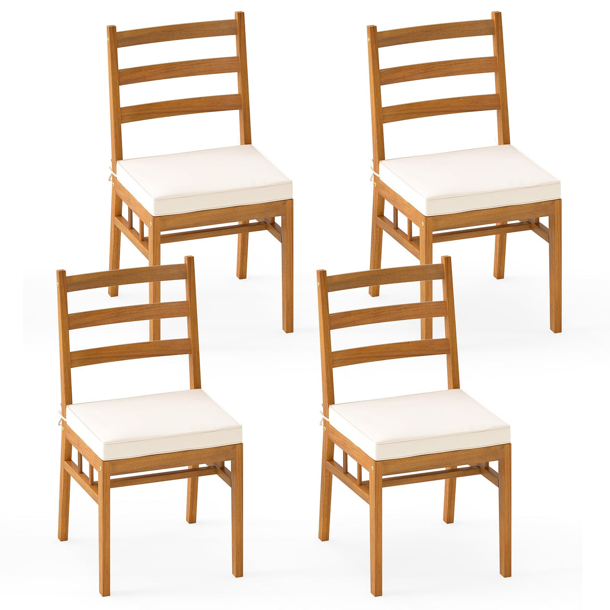 Juego de 4 sillas de comedor de madera para exterior con cojines acolchados - Blanco