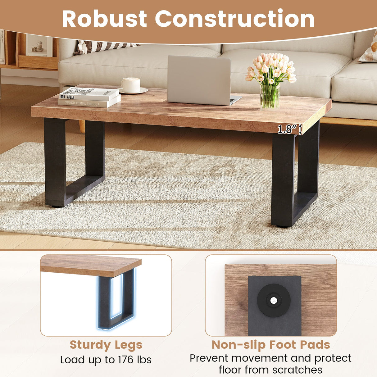 Mesa de centro rústica estilo granja de 47 pulgadas con tablero engrosado y textura de madera natural - Roble