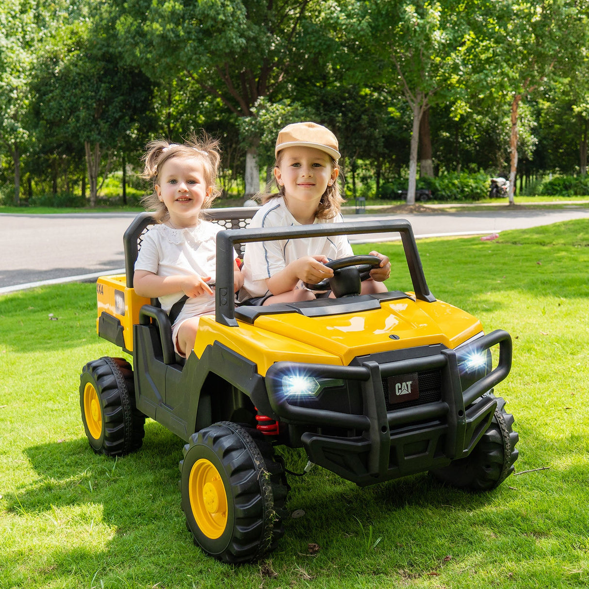 Coche para niños Caterpillar con licencia de 24 V, camión volquete montable, 2 plazas, con control remoto - Amarillo
