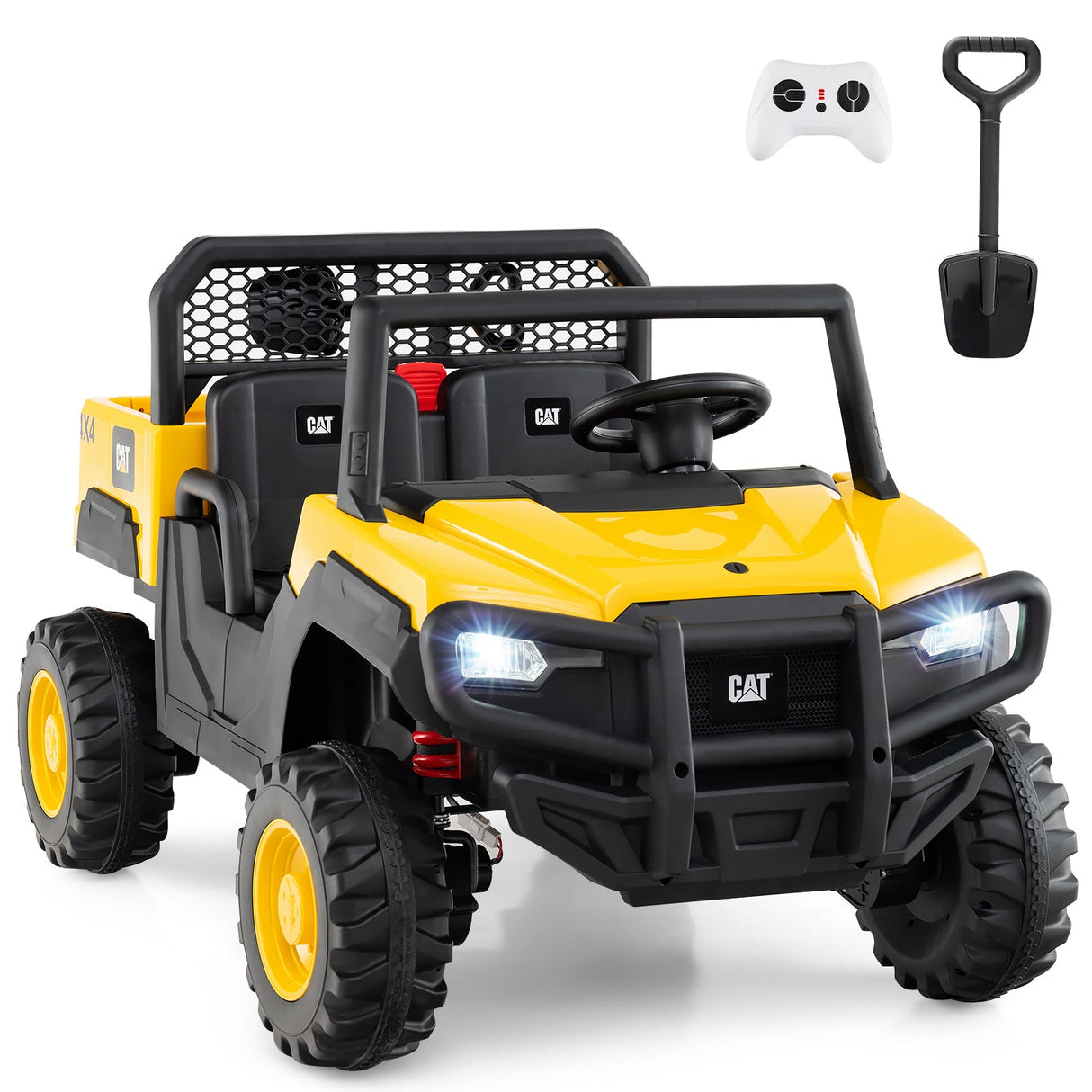 Coche para niños Caterpillar con licencia de 24 V, camión volquete montable, 2 plazas, con control remoto - Amarillo