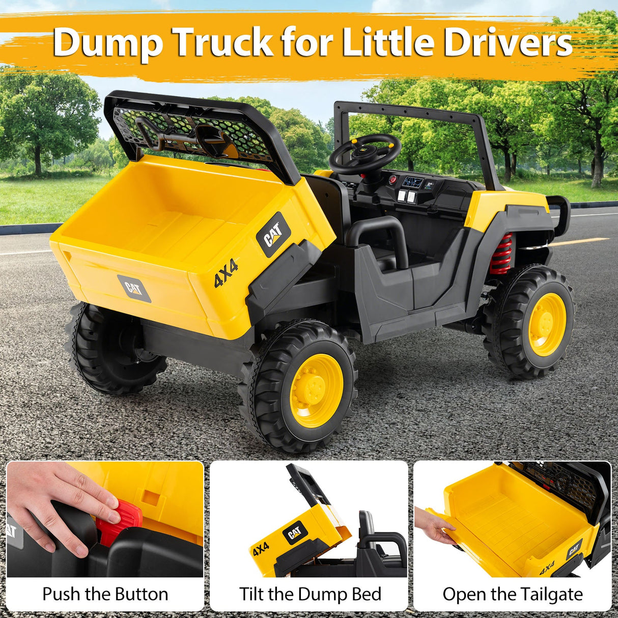 Coche para niños Caterpillar con licencia de 24 V, camión volquete montable, 2 plazas, con control remoto - Amarillo