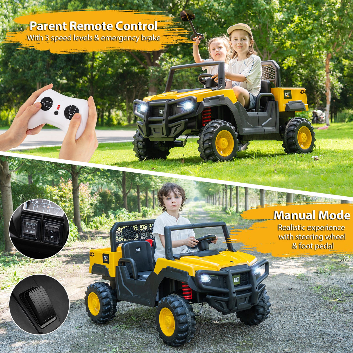 Coche para niños Caterpillar con licencia de 24 V, camión volquete montable, 2 plazas, con control remoto - Amarillo