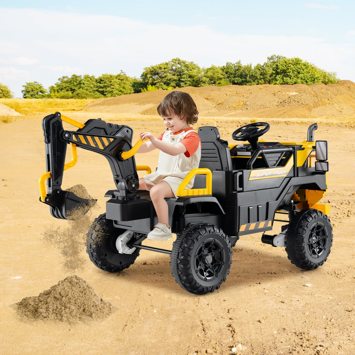 Excavadora Montable 24V 4WD Biplaza con Control Remoto y Brazo Excavador-Amarillo