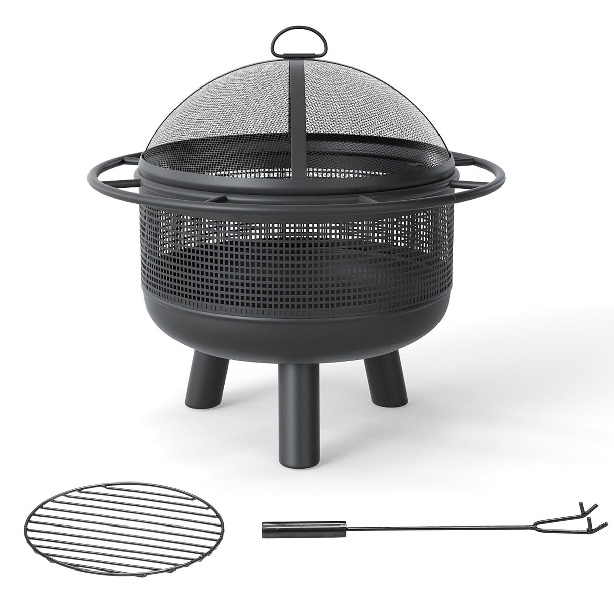 24 Inch Wood Burning Fire Pit with Log Grate and Mesh Screen for Outside
