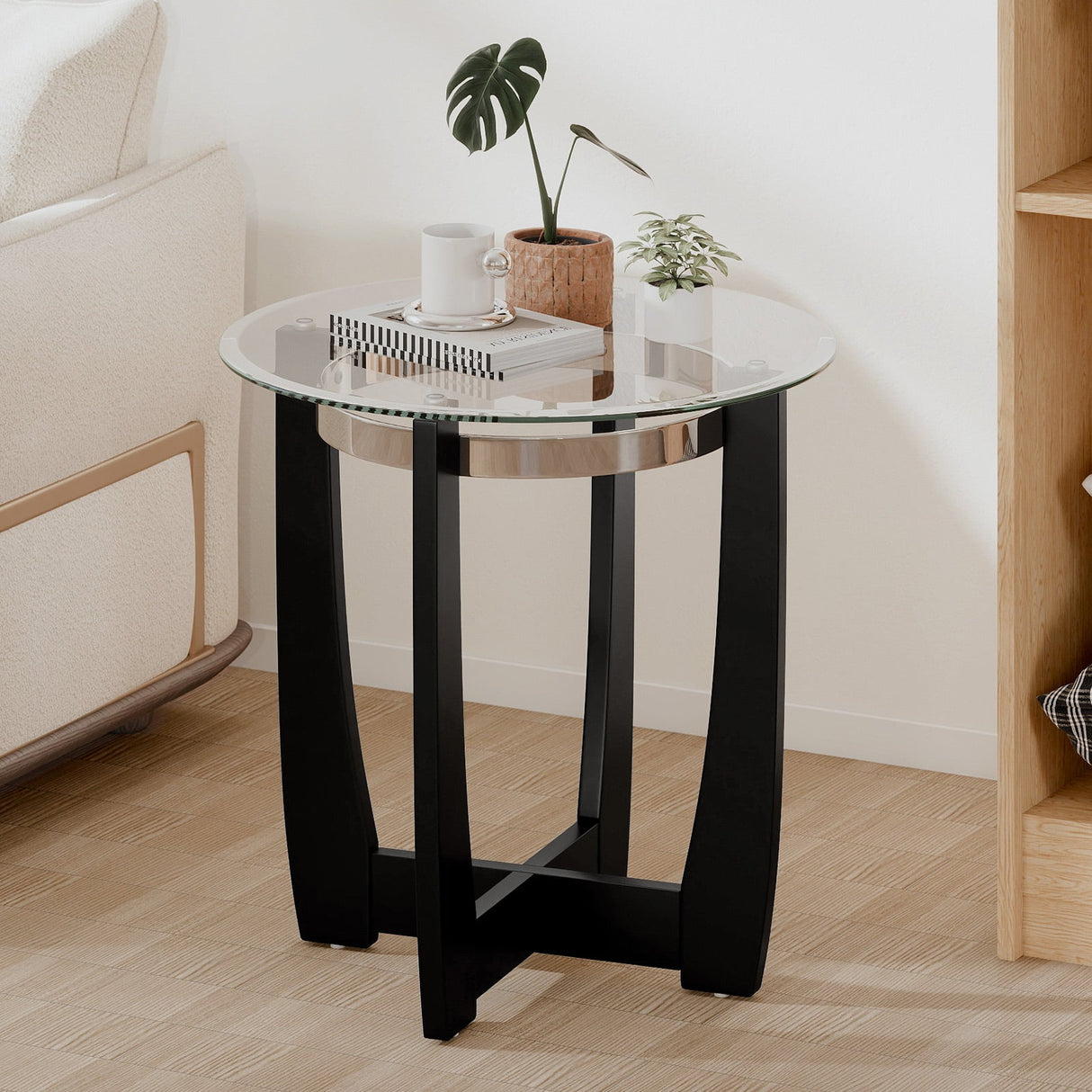 Mesa auxiliar redonda de 24 pulgadas con tapa de cristal templado y base de madera maciza de caucho