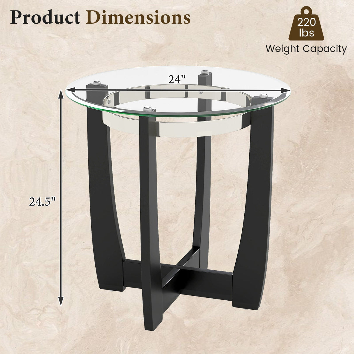 Mesa auxiliar redonda de 24 pulgadas con tapa de cristal templado y base de madera maciza de caucho