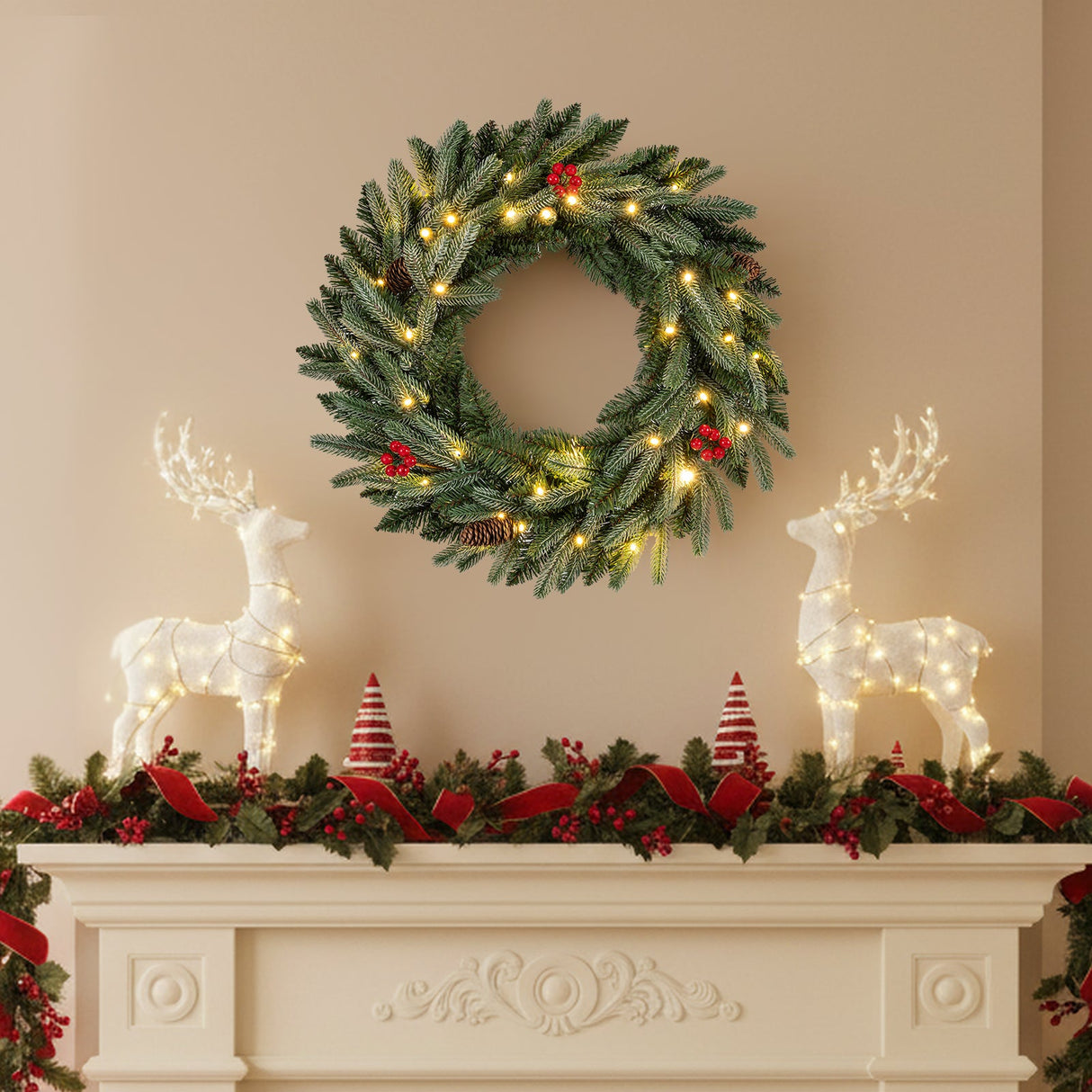 24” Pre-lit Christmas Wreath Front Door Artificial Xmas Wreath with 90 Frosted Branch Tips