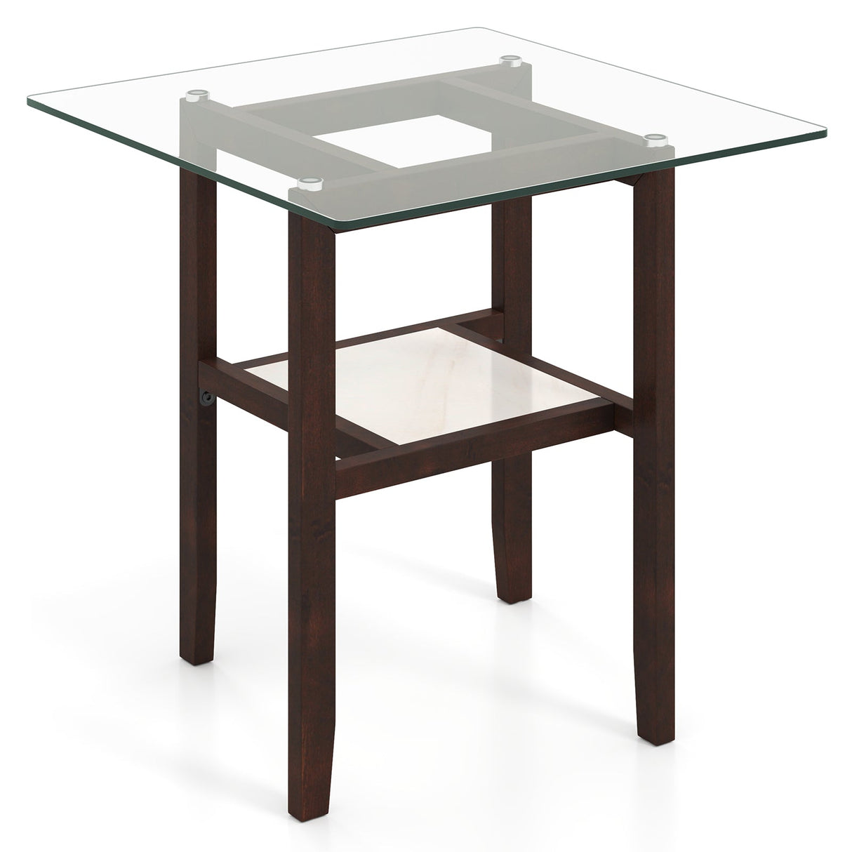 Mesa de centro cuadrada de cristal de 24 pulgadas y 2 niveles con estante de almacenamiento - Marrón