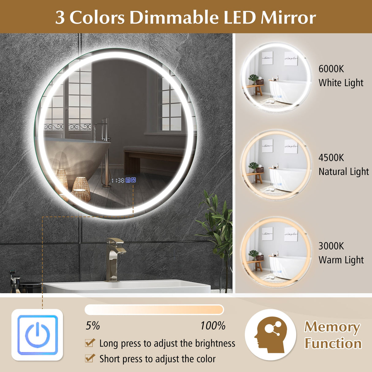 Espejo de Baño Antiempañamiento de 24 Pulgadas con Luces LED de 3 Colores y Pantalla de Temperatura