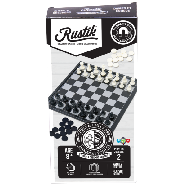 Travel Games: Rustik Foldable Magnetic Checkers/Chess (Black/White)