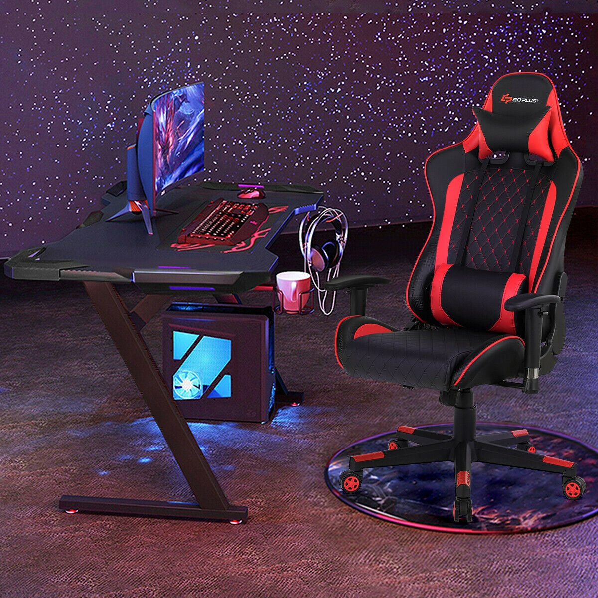 Silla de juego con masaje, soporte lumbar y reposacabezas