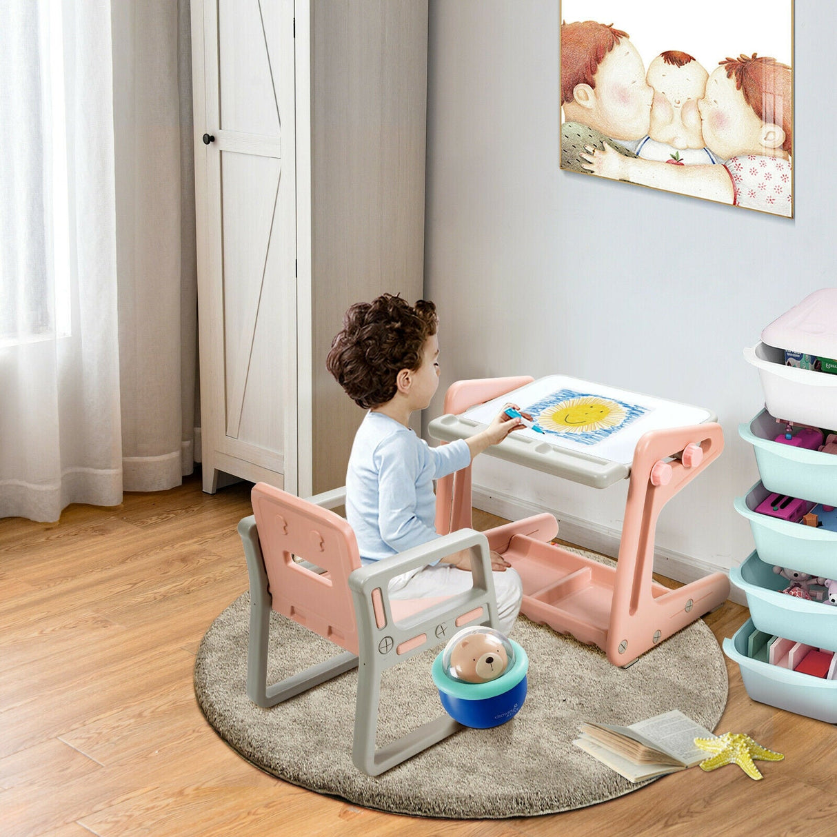 Set de mesa y silla para niños 2 en 1 con caballete y tablero de pintura artística ajustable