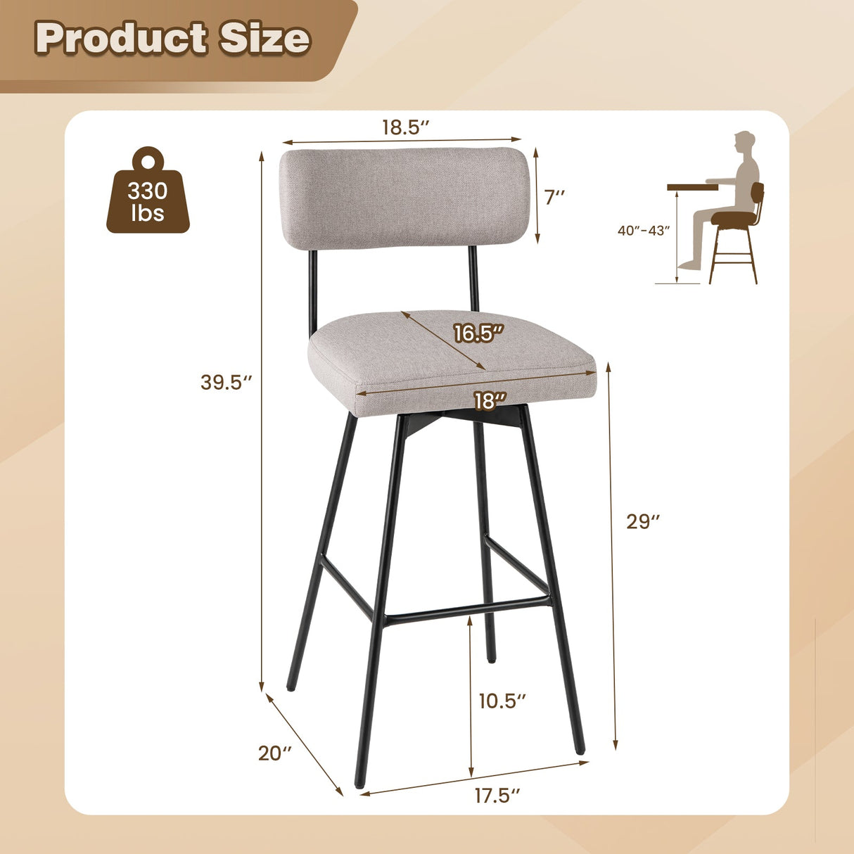29 Inch Counter Height Upholstered Swivel Bar Stool Set of 2