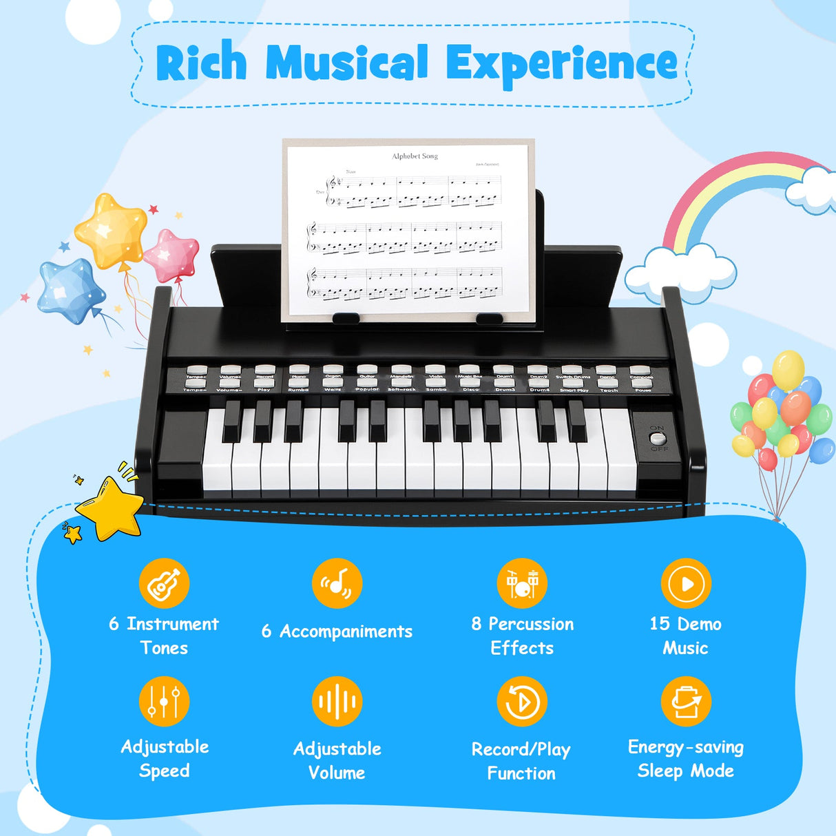 Teclado de piano para niños de 25 teclas con velocidad y volumen ajustables
