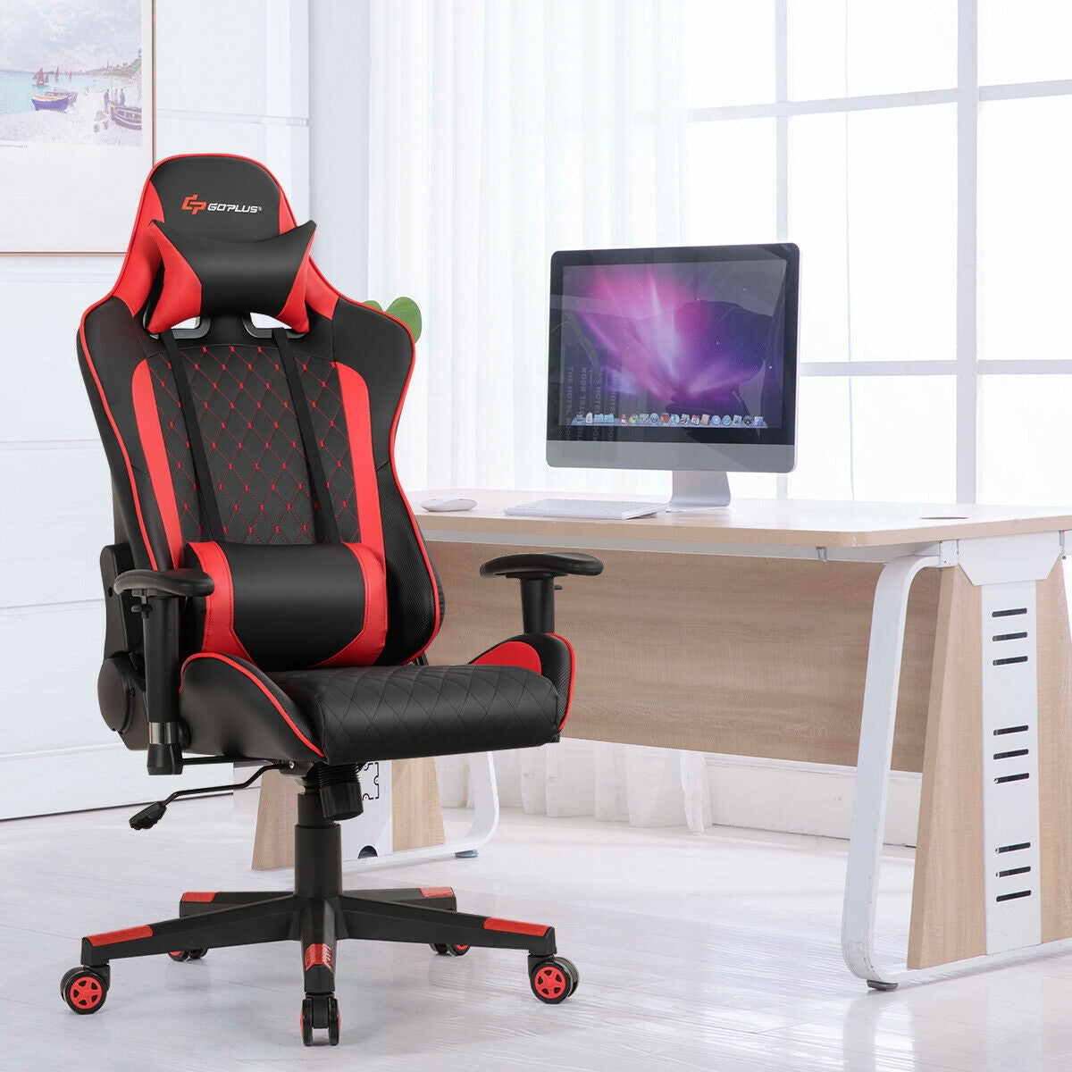 Silla de juego con masaje, soporte lumbar y reposacabezas