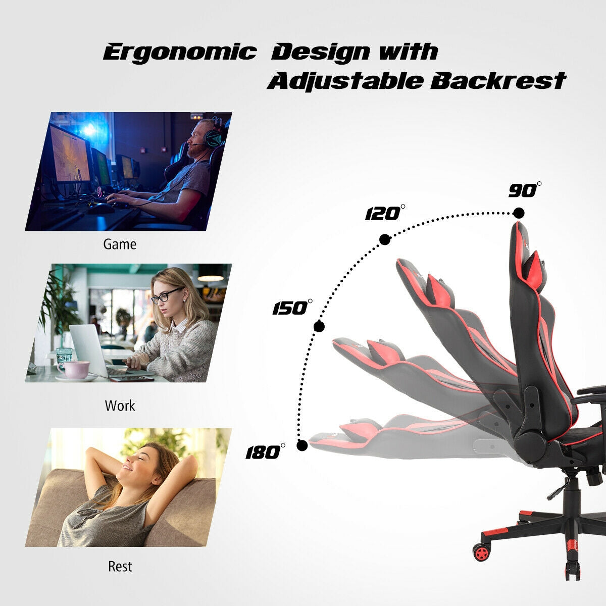 Silla de juego con masaje, soporte lumbar y reposacabezas