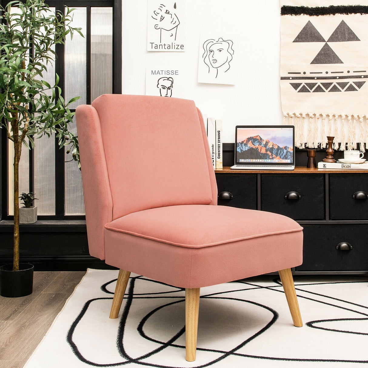 Sillón auxiliar sin brazos de terciopelo con patas de madera de caucho para dormitorio